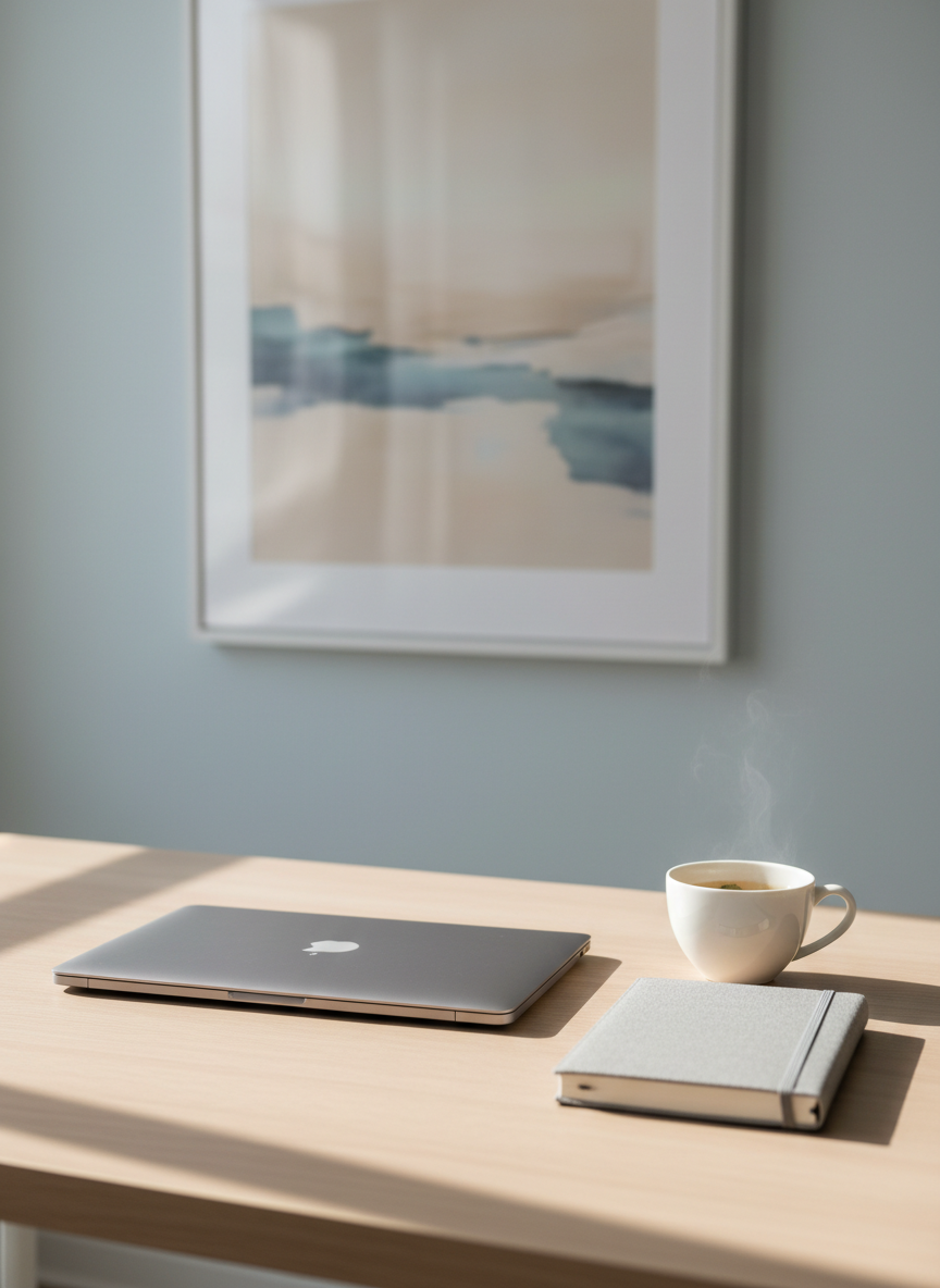 A tidy, light-wood desk with a closed silver laptop, a soft grey fabric notebook, and a ceramic cup of herbal tea, all carefully arranged to suggest an online psychological consultation space without showing any people. Behind the desk, a pale pastel wall features an abstract framed artwork in muted blues and beiges. Soft morning daylight filters through an unseen window, creating gentle, elongated shadows across the desk surface. The mood is calm, safe, and professional. Photographed at eye level with a slightly off-center composition, shallow depth of field softly blurring the background. The photographic realism emphasizes clean lines, muted colors, and a modern, minimalist aesthetic appropriate for an online psychology practice website.