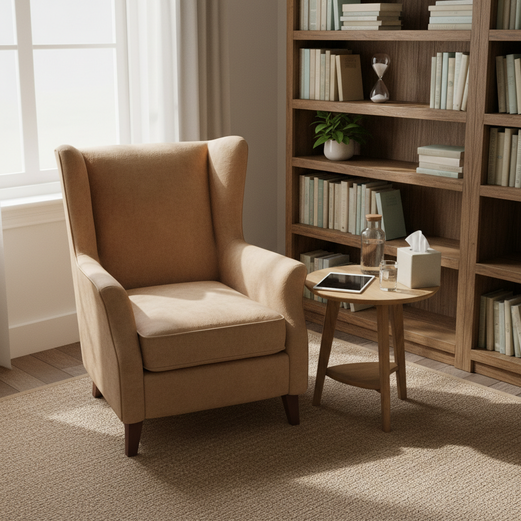 A comfortable home office corner featuring a high-backed, upholstered armchair in warm sand color beside a small round wooden side table holding a closed tablet, a glass carafe of water, and a neatly folded tissue box, symbolizing online psychological support. A tall bookshelf in the background displays neatly arranged books in soft neutrals, a small plant, and a minimalist hourglass. Diffused overcast light enters from a large side window, wrapping the scene in a gentle glow and soft shadows. Captured from a slightly elevated, wide-angle perspective with photographic realism, the composition uses the rule of thirds to create a tranquil, inviting and professional atmosphere ideal for mental health consultations.