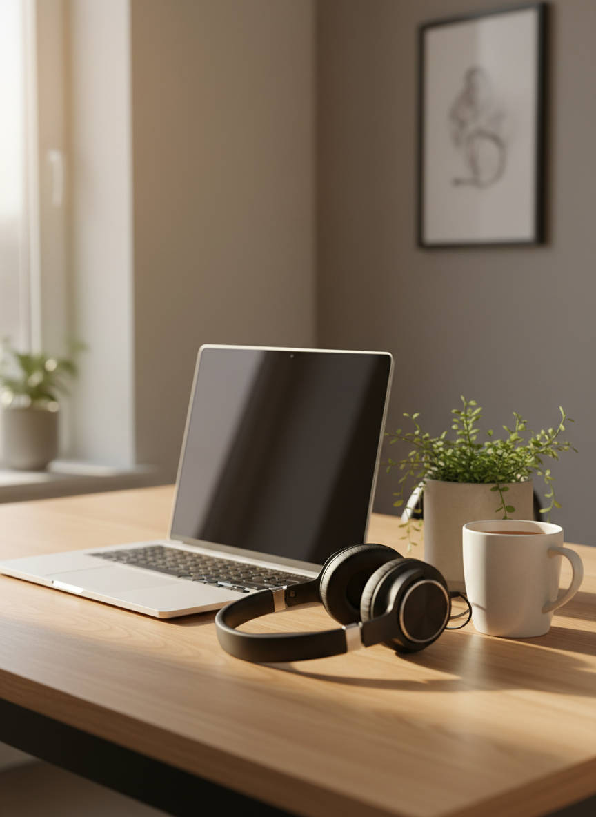 A modern laptop on a smooth oak table, its screen turned slightly away so no content is visible, paired with a pair of over-ear headphones resting nearby, conveying the idea of confidential online psychological sessions. Next to them sits a matte white ceramic mug and a small potted plant in a concrete pot, with delicate green leaves. The background shows a softly blurred interior with neutral walls and minimal decor. Warm afternoon light from a nearby window creates subtle highlights on metallic edges and a gentle bokeh. Photographed in close-up from a three-quarter angle, with shallow depth of field and a clean, photographic realism style that feels professional, focused, and reassuring.